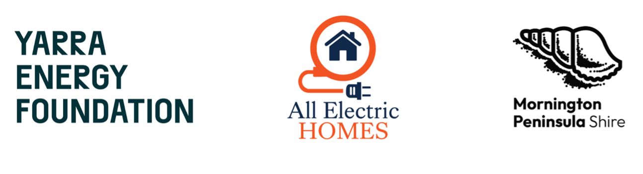 Logos for Yarra Energy Foundation, All Electric Homes, and Mornington Peninsula Shire displayed side by side.